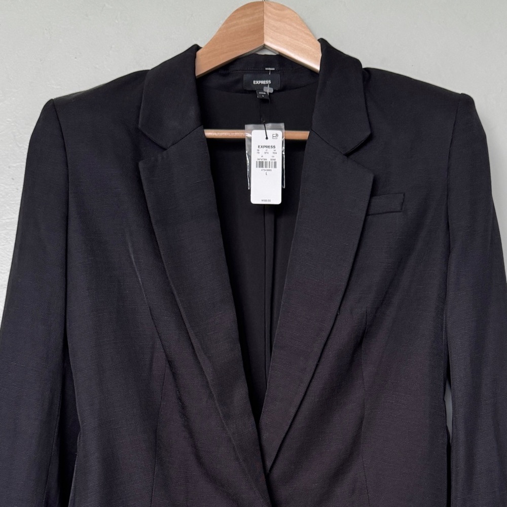 Express Black Linen-Blend One Button Cinched Boyfriend Blazer Size L - Picture 3 of 14